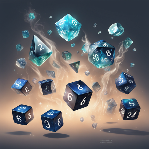 gallery-1 Dice With Numbers And Hireoglyphs Falling Mystical Objects Floating Smoke Broken Glass Effect N